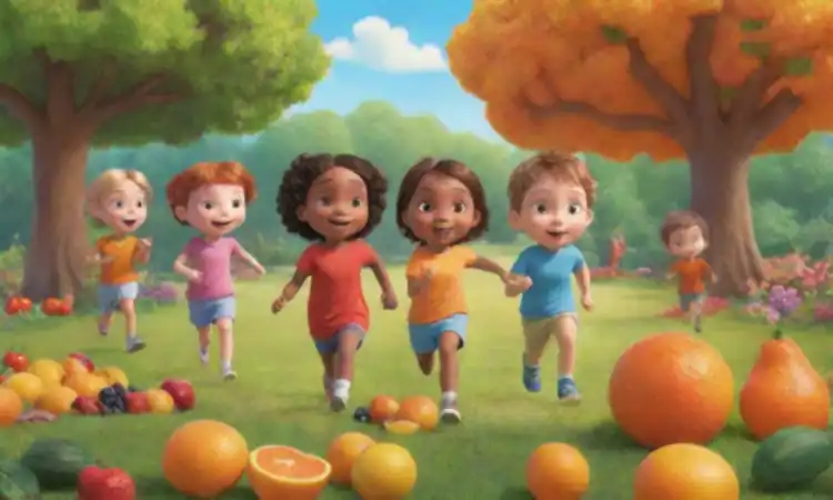 Niños felices juegan en un parque soleado rodeados de frutas y verduras