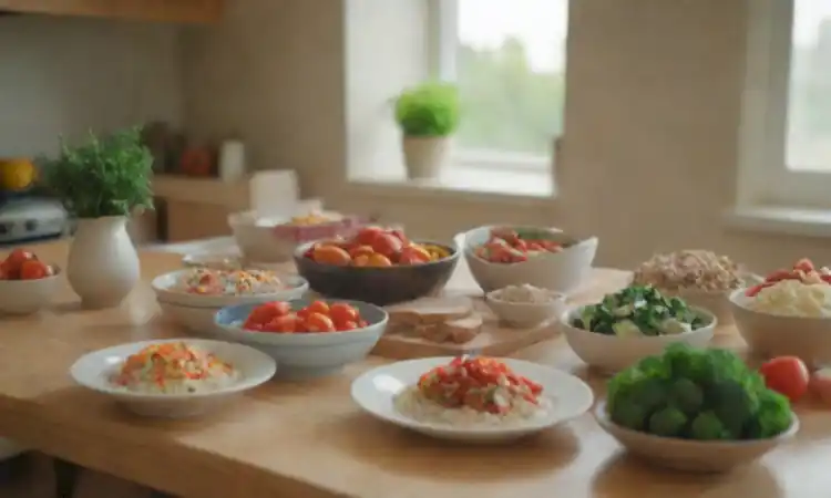 Escena de cocina colorida con una mesa bien dispuesta