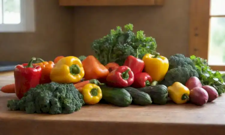 Arreglo vibrante de verduras frescas sobre una mesa de madera