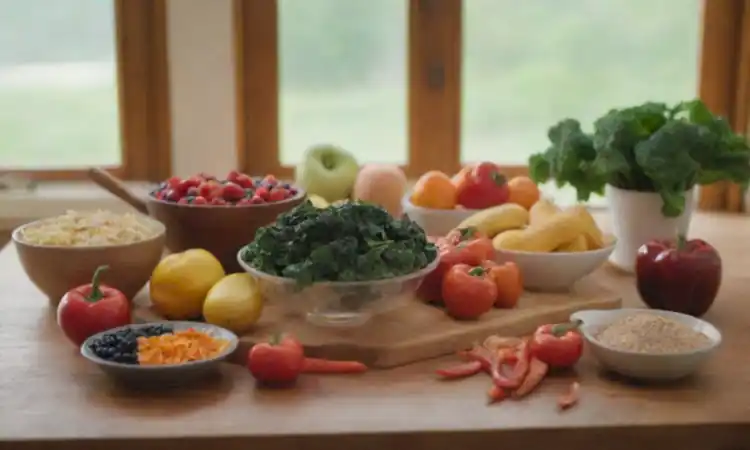 Cocina colorida con frutas y verduras frescas