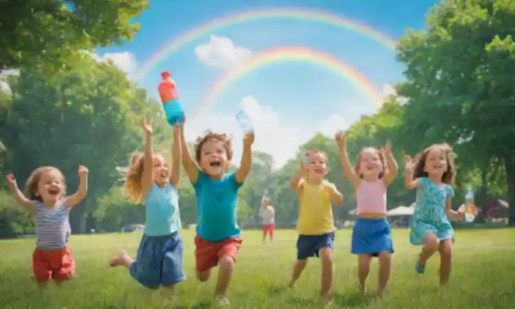 Niños felices jugando en un parque soleado con botellas de agua y un picnic colorido