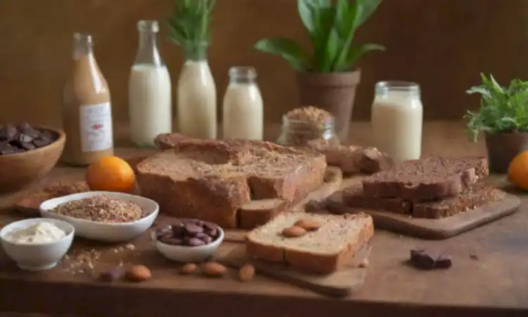 Diez alimentos procesados saludables dispuestos artísticamente sobre una mesa de madera en una cocina iluminada