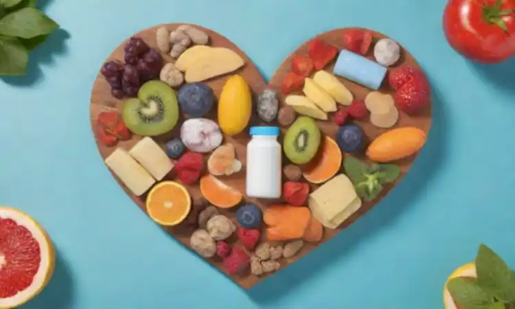 Ilustración colorida de vitaminas en torno a un corazón