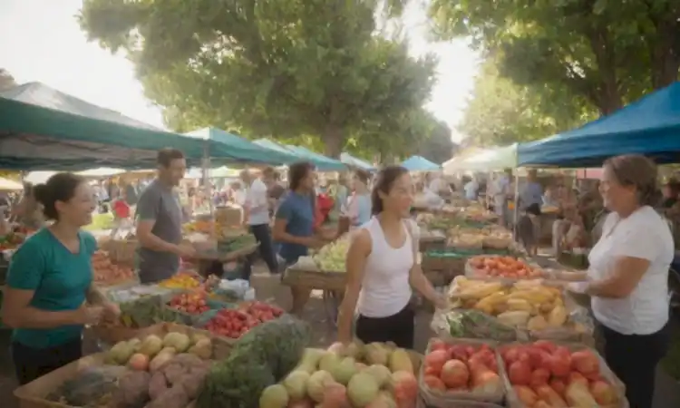 Mercado agrícola vibrante con frutas y verduras frescas