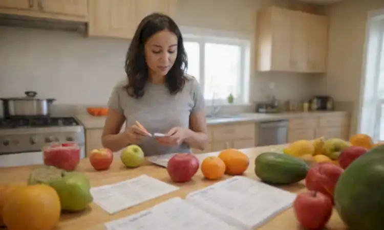 Persona leyendo etiquetas de alimentos en una cocina luminosa y organizada