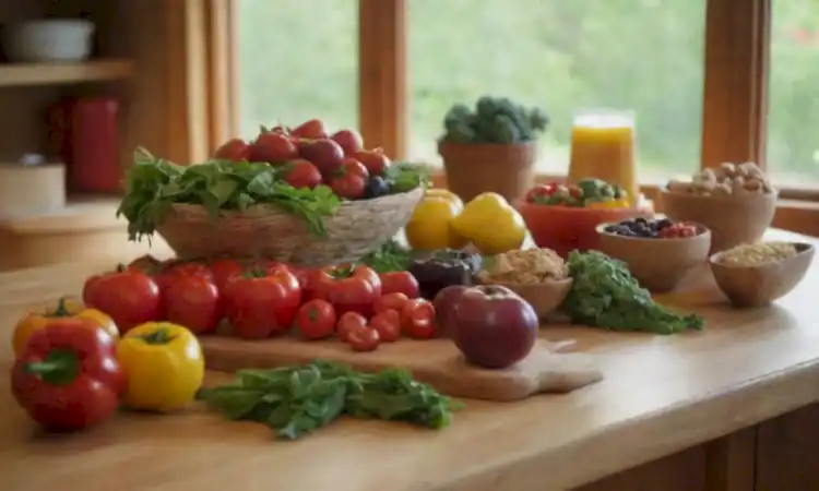 Cocina colorida con frutas y verduras frescas en un mostrador de madera