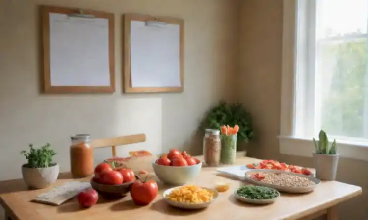 Cocina luminosa y organizada con un tablero de planificación de comidas y contenedores coloridos llenos de ingredientes saludables