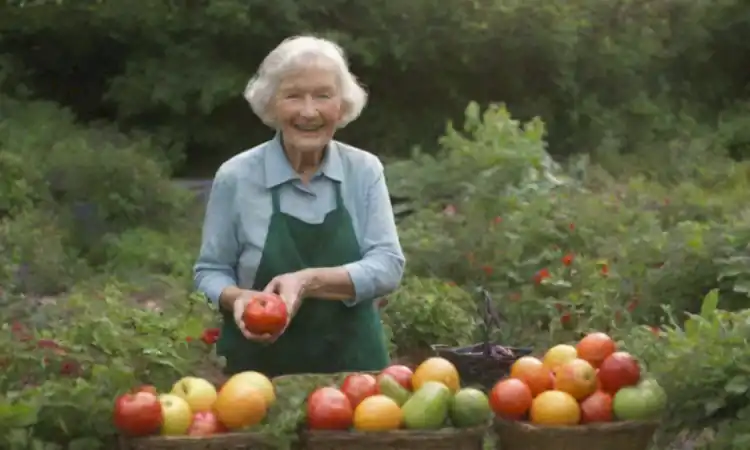 Persona mayor jardineando felizmente en un jardín vibrante y lleno de frutas y verduras