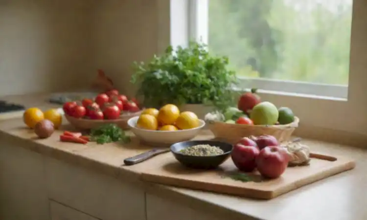 Encimera de cocina colorida con ingredientes frescos