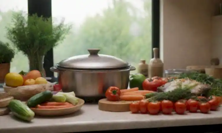 Cocina elegante con un vaporizador de bambú lleno de verduras y pescado