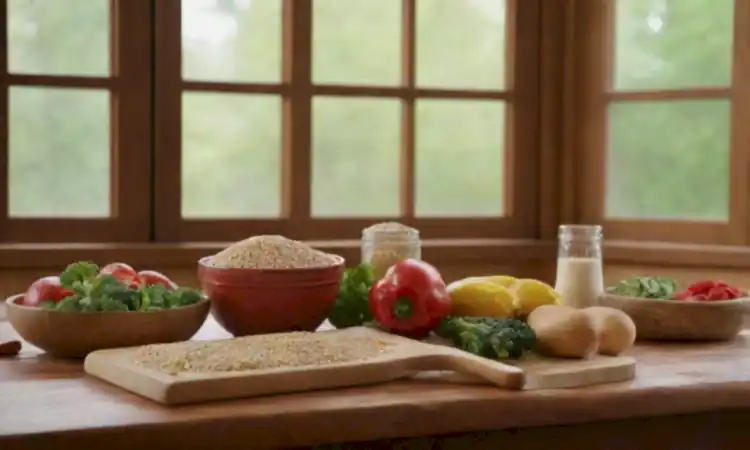 Cocina acogedora con una mesa vibrante llena de ingredientes saludables y un ambiente iluminado por luz natural