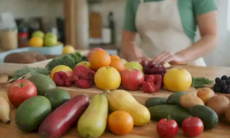 Escena de cocina vibrante con frutas y verduras frescas sobre una mesa